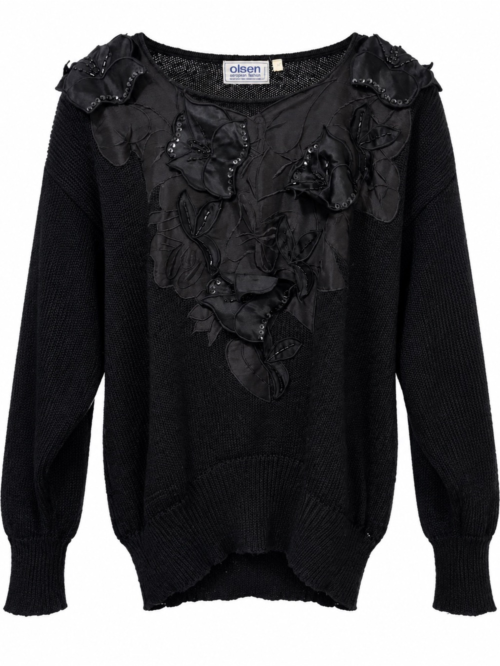 Vintage Olsen Black Floral Appliqué Crewneck Sweater